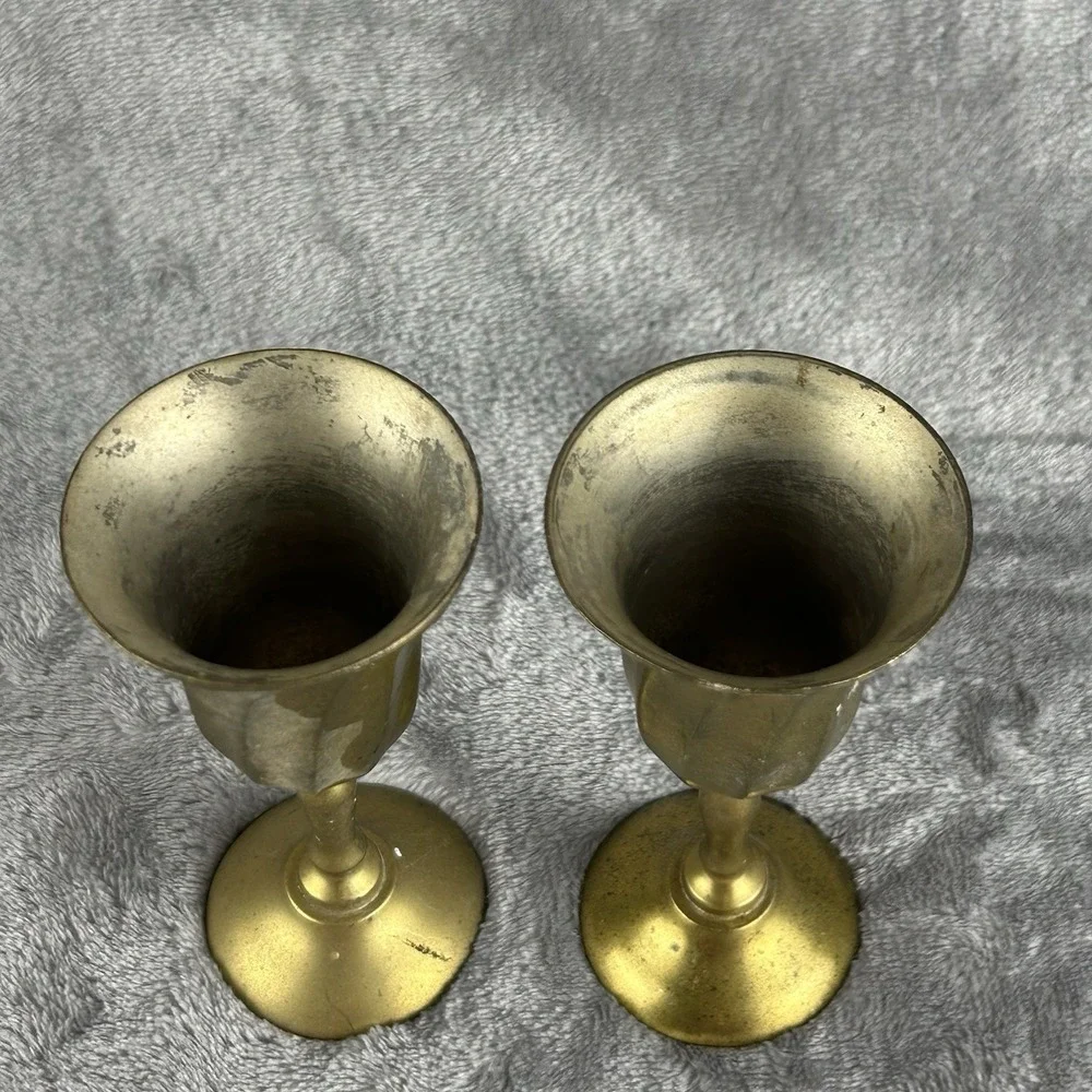 Vintage Miniature‎ Brass Goblet Candle Sticks Lots Of Patina